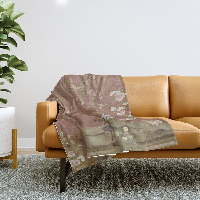 Vintage chinoiserie birds and japanese blossom trees on terracotta Throw Blanket Gallery Image 1