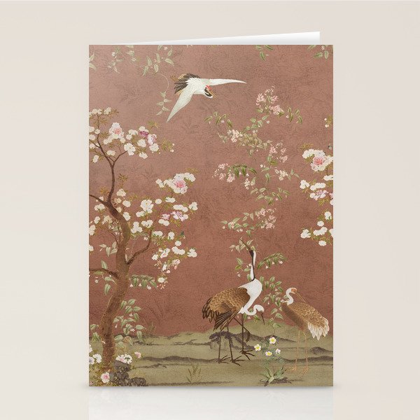 Vintage chinoiserie birds and japanese blossom trees on terracotta Stationery Card