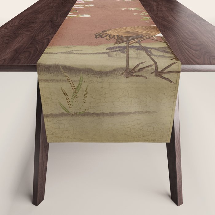 Vintage chinoiserie birds and japanese blossom trees on terracotta Table Runner Gallery Image 1