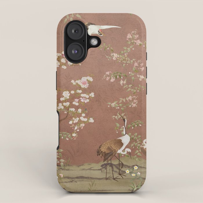 Vintage chinoiserie birds and japanese blossom trees on terracotta iPhone Case Gallery Image 1