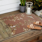 Vintage chinoiserie birds and japanese blossom trees on terracotta Outdoor Rug Gallery Image 2