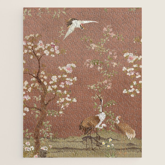 Vintage chinoiserie birds and japanese blossom trees on terracotta Jigsaw Puzzle Gallery Image 1