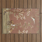 Vintage chinoiserie birds and japanese blossom trees on terracotta Outdoor Rug Gallery Image 1