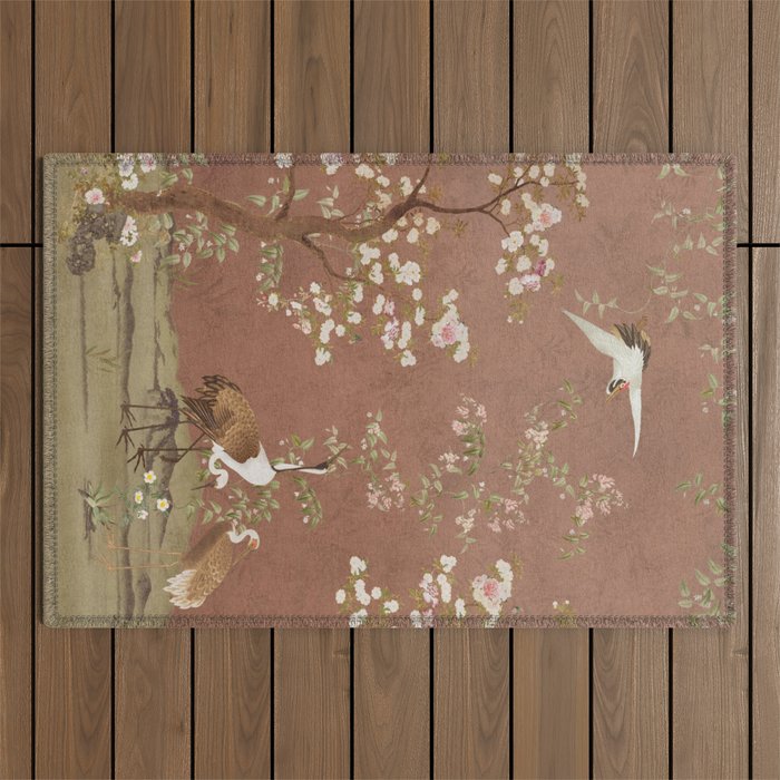 Vintage chinoiserie birds and japanese blossom trees on terracotta Outdoor Rug Gallery Image 1