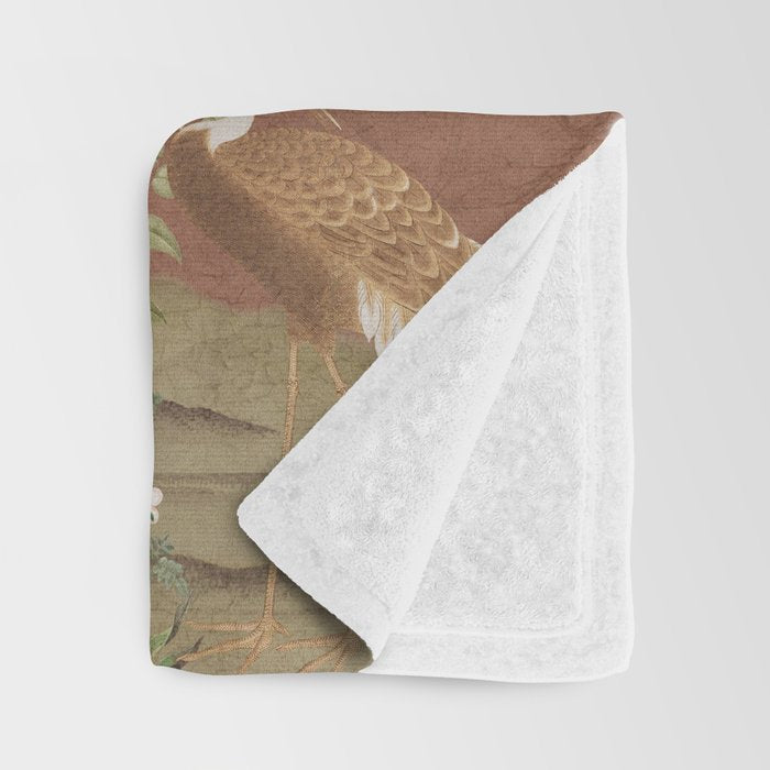 Vintage chinoiserie birds and japanese blossom trees on terracotta Throw Blanket Gallery Image 3