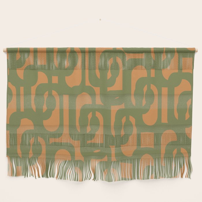 Mid Century Modern Loop Pattern Vintage Olive Green and Cantaloupe Orange Wall Hanging Gallery Image 1