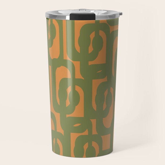 Mid Century Modern Loop Pattern Vintage Olive Green and Cantaloupe Orange Travel Mug Gallery Image 1