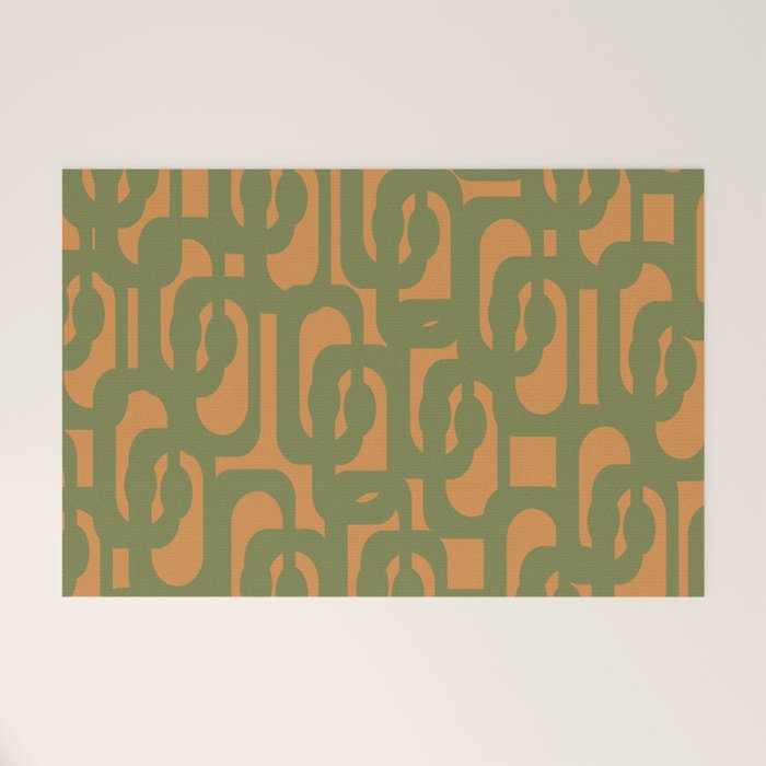Mid Century Modern Loop Pattern Vintage Olive Green and Cantaloupe Orange Welcome Mat Gallery Image 1