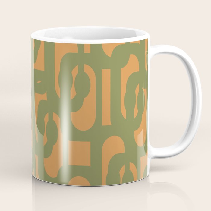 Mid Century Modern Loop Pattern Vintage Olive Green and Cantaloupe Orange Coffee Mug Gallery Image 1
