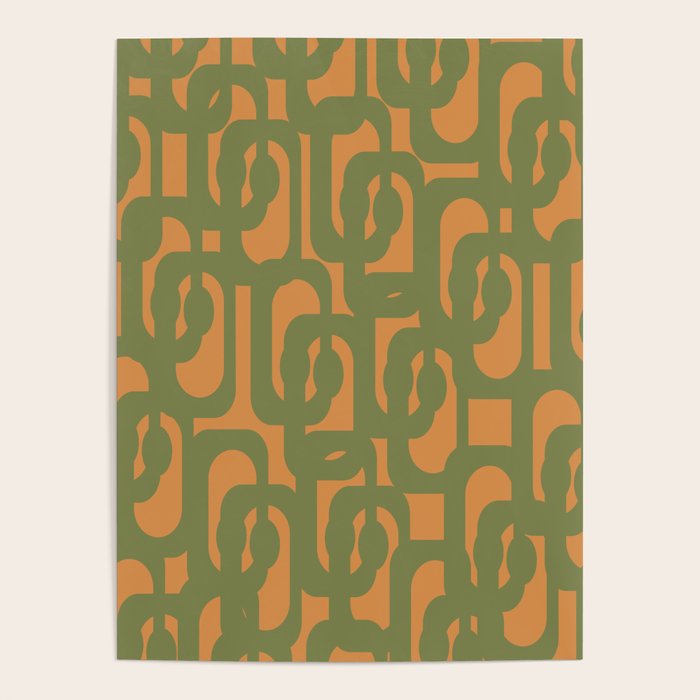Mid Century Modern Loop Pattern Vintage Olive Green and Cantaloupe Orange Poster Gallery Image 4