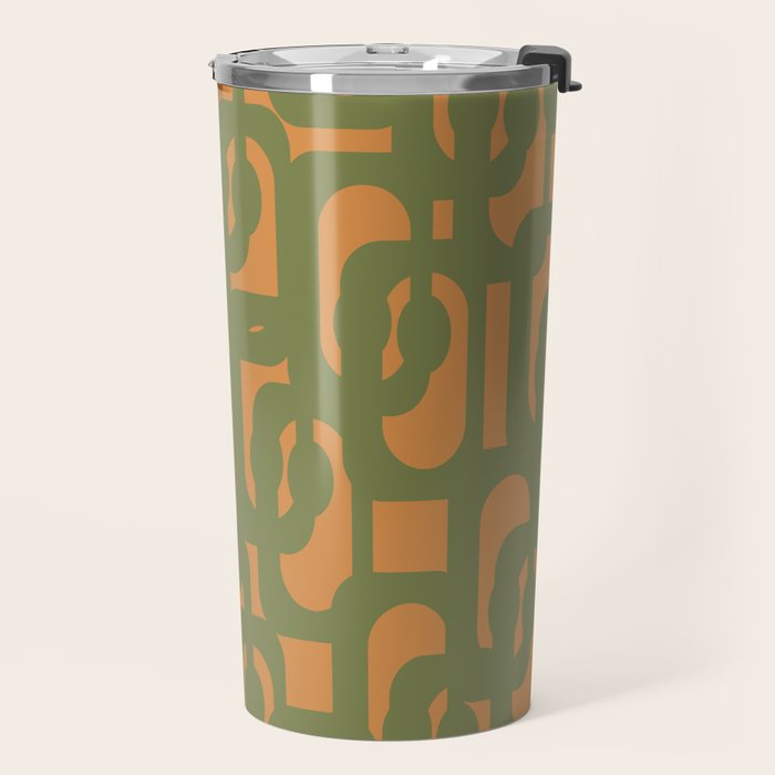 Mid Century Modern Loop Pattern Vintage Olive Green and Cantaloupe Orange Travel Mug Gallery Image 2