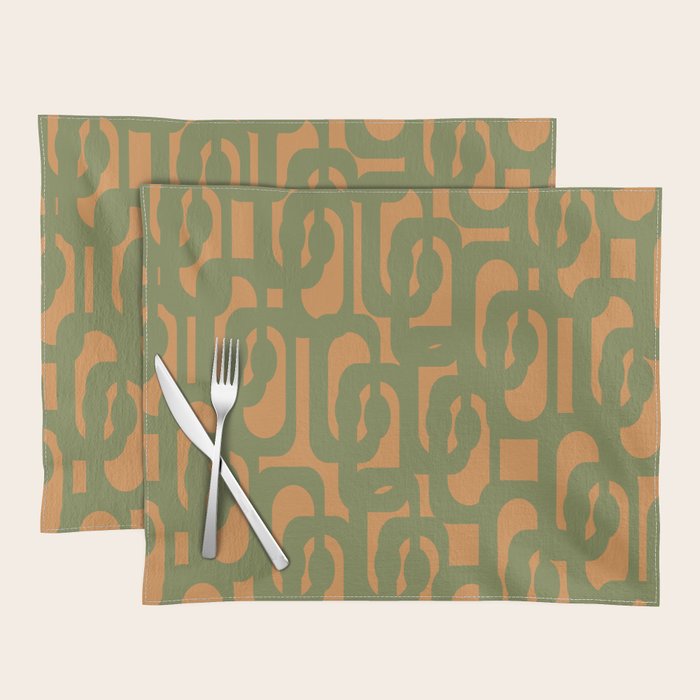 Mid Century Modern Loop Pattern Vintage Olive Green and Cantaloupe Orange Placemat Gallery Image 1
