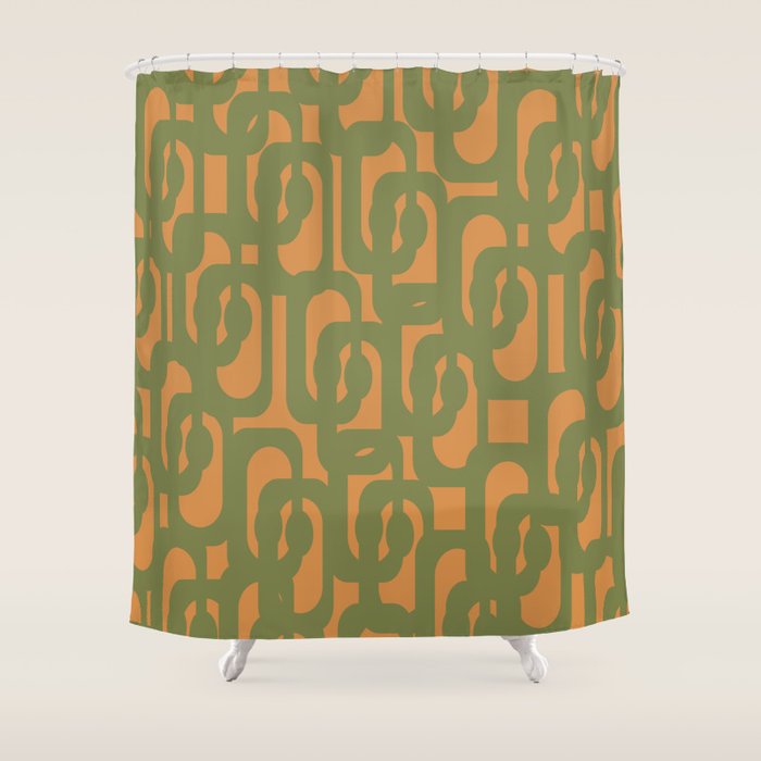 Mid Century Modern Loop Pattern Vintage Olive Green and Cantaloupe Orange Shower Curtain Gallery Image 1
