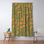 Mid Century Modern Loop Pattern Vintage Olive Green and Cantaloupe Orange Window Curtain Gallery Image 5