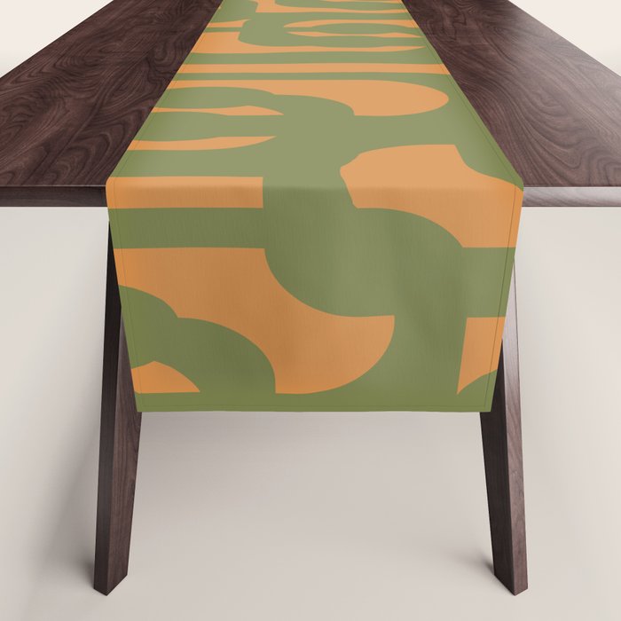 Mid Century Modern Loop Pattern Vintage Olive Green and Cantaloupe Orange Table Runner Gallery Image 1