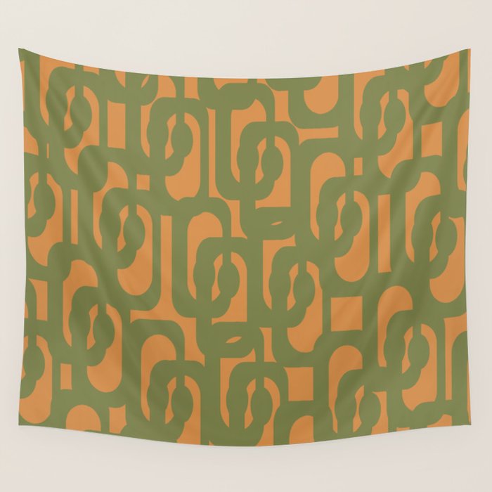 Mid Century Modern Loop Pattern Vintage Olive Green and Cantaloupe Orange Wall Tapestry Gallery Image 4