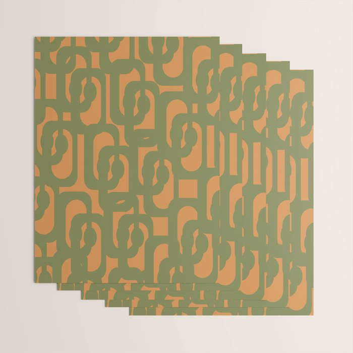 Mid Century Modern Loop Pattern Vintage Olive Green and Cantaloupe Orange Wrapping Paper Gallery Image 3