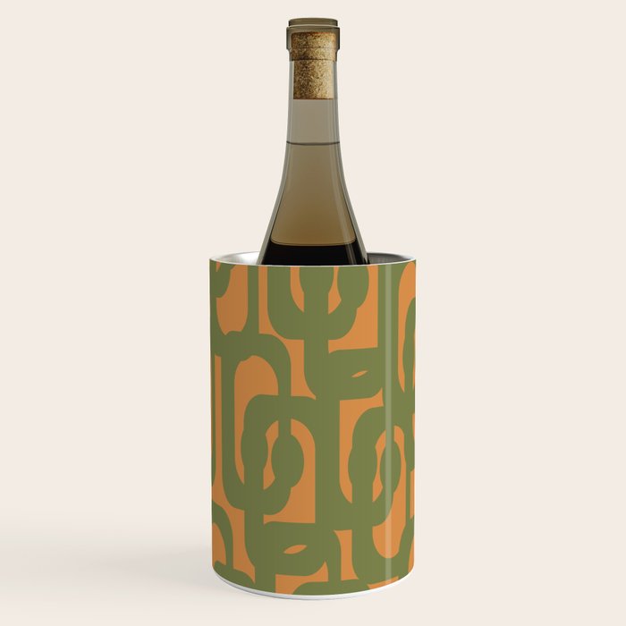 Mid Century Modern Loop Pattern Vintage Olive Green and Cantaloupe Orange Wine Chiller Gallery Image 1