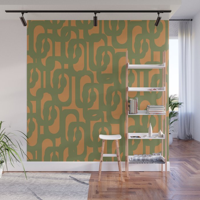 Mid Century Modern Loop Pattern Vintage Olive Green and Cantaloupe Orange Wall Mural Gallery Image 1