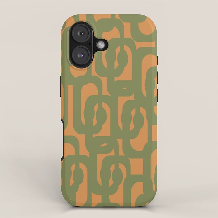 Mid Century Modern Loop Pattern Vintage Olive Green and Cantaloupe Orange iPhone Case Gallery Image 1