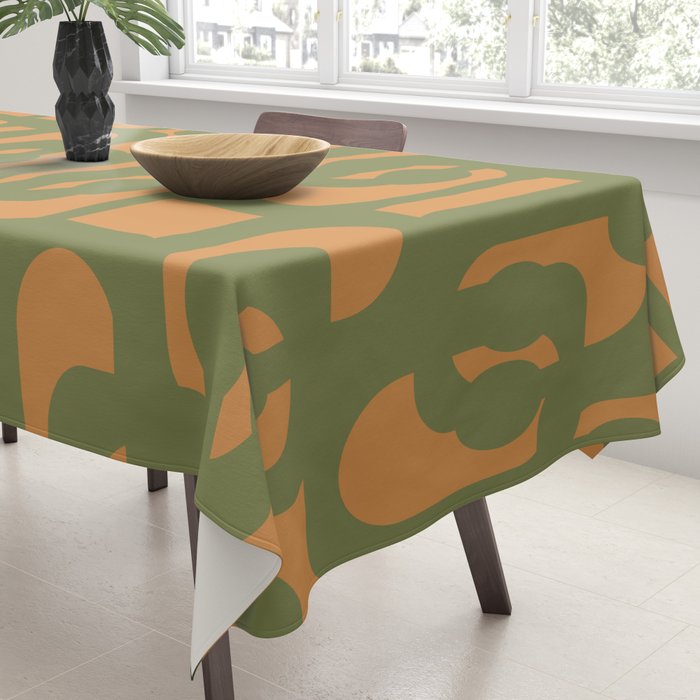 Mid Century Modern Loop Pattern Vintage Olive Green and Cantaloupe Orange Tablecloth Gallery Image 3