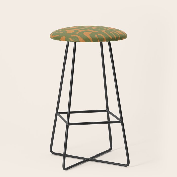 Mid Century Modern Loop Pattern Vintage Olive Green and Cantaloupe Orange Stool Gallery Image 1