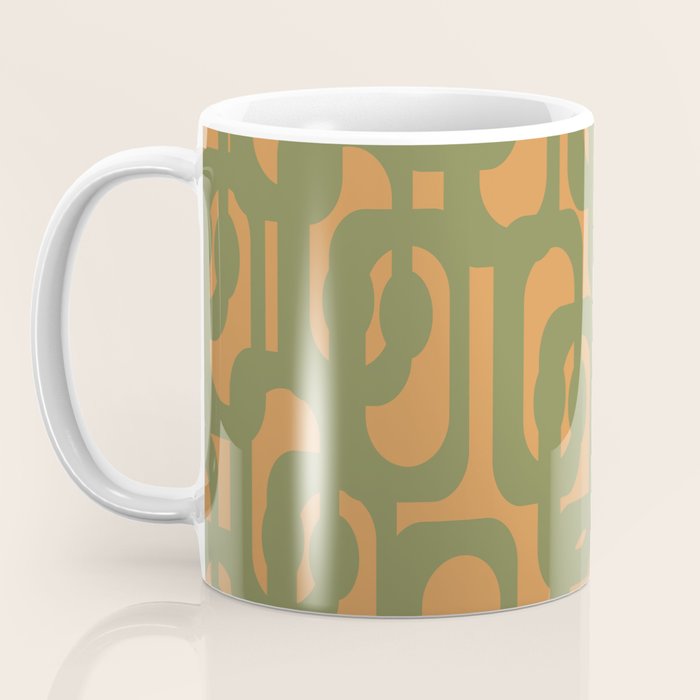 Mid Century Modern Loop Pattern Vintage Olive Green and Cantaloupe Orange Coffee Mug Gallery Image 3