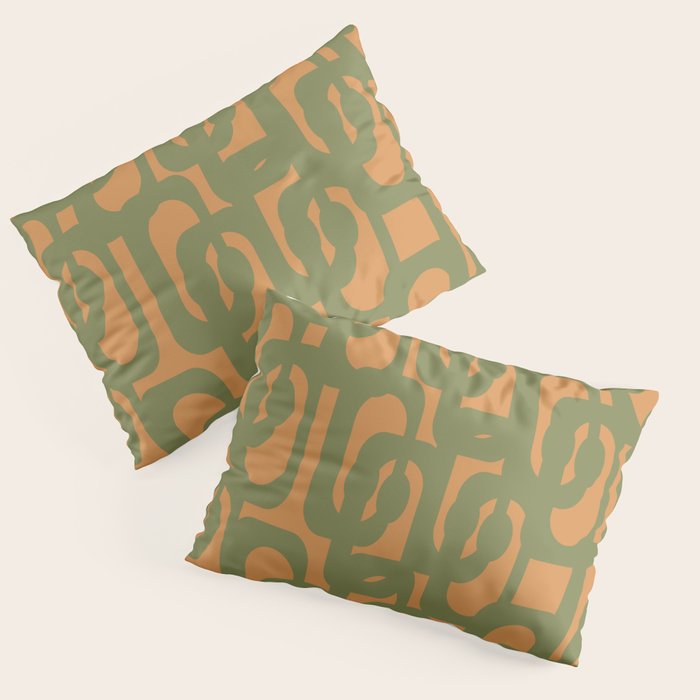 Mid Century Modern Loop Pattern Vintage Olive Green and Cantaloupe Orange Pillow Sham Gallery Image 1