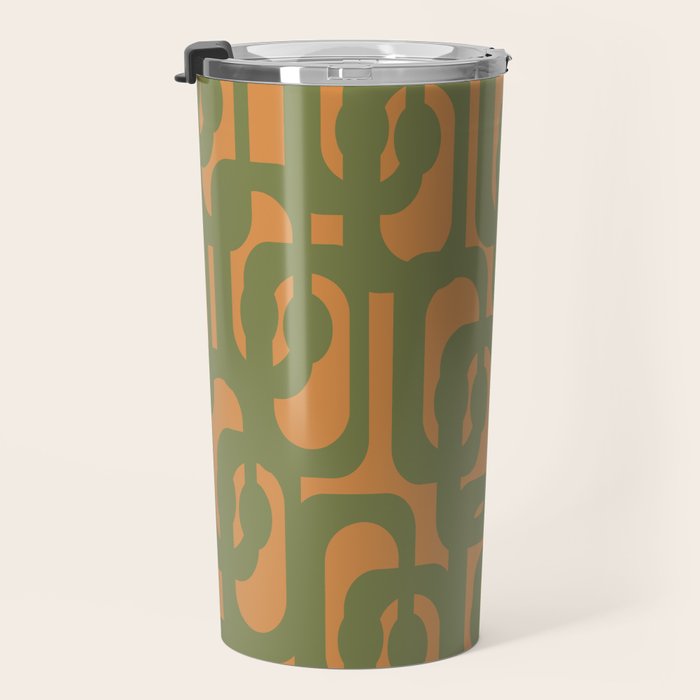 Mid Century Modern Loop Pattern Vintage Olive Green and Cantaloupe Orange Travel Mug Gallery Image 3