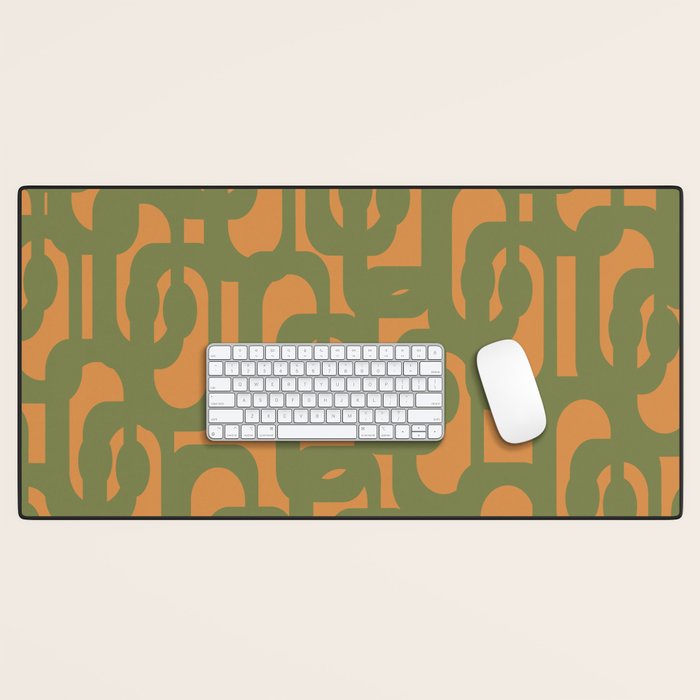 Mid Century Modern Loop Pattern Vintage Olive Green and Cantaloupe Orange Desk Mat Gallery Image 1