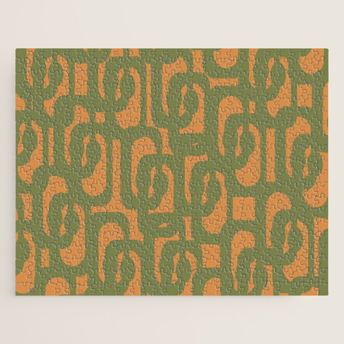 Mid Century Modern Loop Pattern Vintage Olive Green and Cantaloupe Orange Jigsaw Puzzle Gallery Image 1