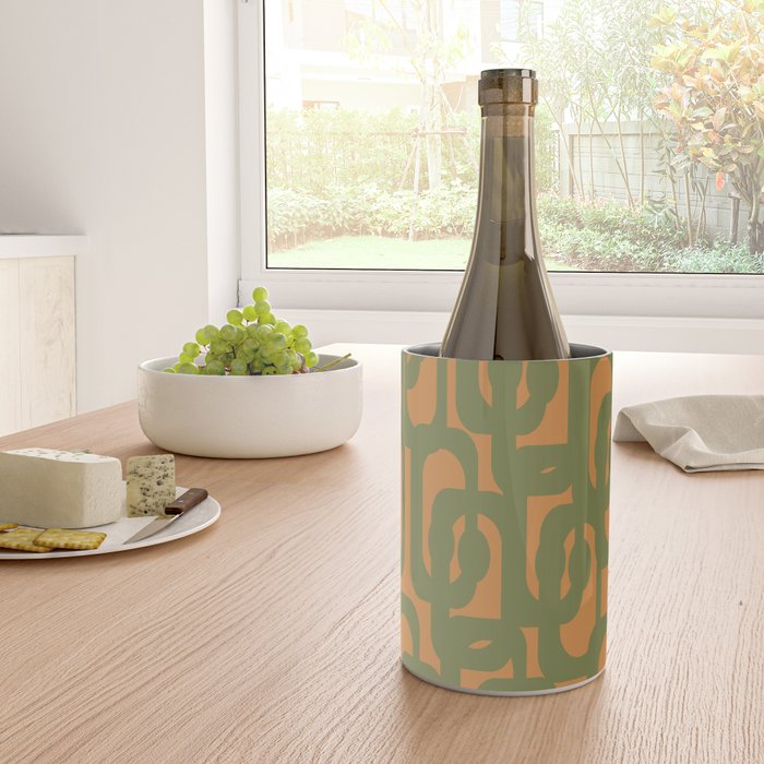 Mid Century Modern Loop Pattern Vintage Olive Green and Cantaloupe Orange Wine Chiller Gallery Image 4