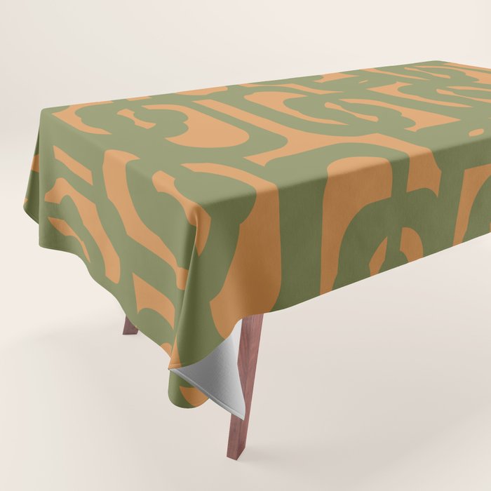 Mid Century Modern Loop Pattern Vintage Olive Green and Cantaloupe Orange Tablecloth Gallery Image 1