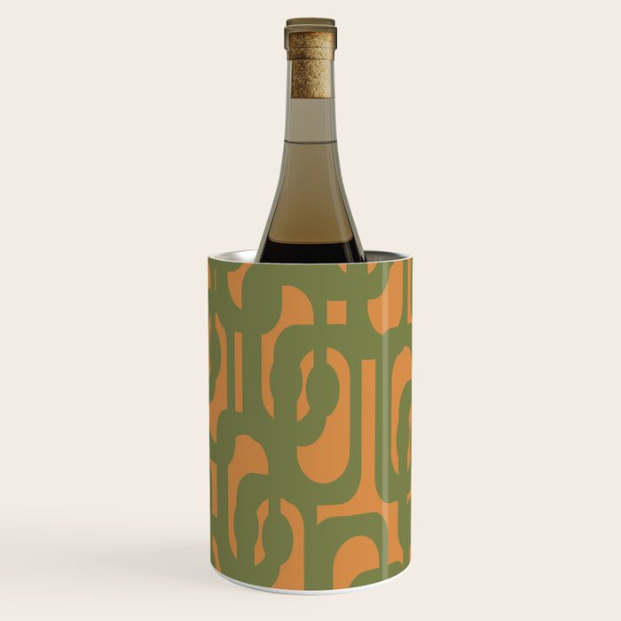 Mid Century Modern Loop Pattern Vintage Olive Green and Cantaloupe Orange Wine Chiller Gallery Image 2