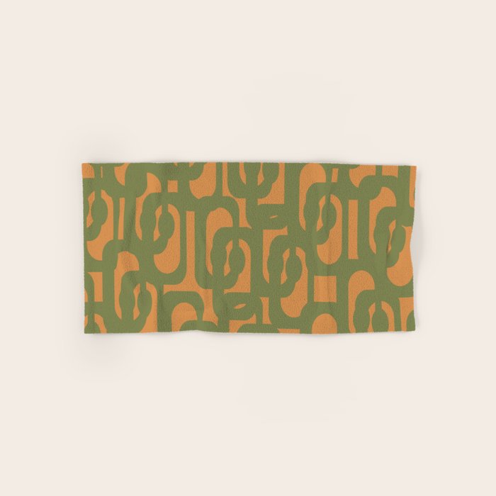 Mid Century Modern Loop Pattern Vintage Olive Green and Cantaloupe Orange Bath Towel Gallery Image 1
