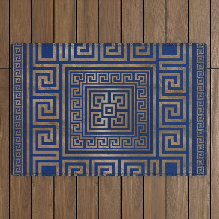 Greek Key Ornament - Greek Meander -gold on blue Outdoor Rug Gallery Image 1