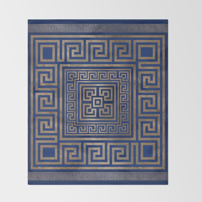 Greek Key Ornament - Greek Meander -gold on blue Throw Blanket Gallery Image 2