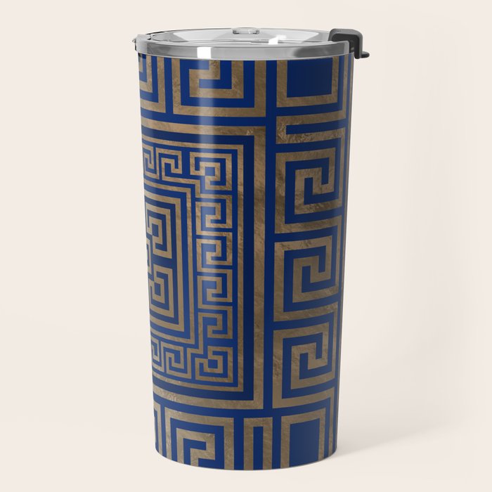 Greek Key Ornament - Greek Meander -gold on blue Travel Mug Gallery Image 2