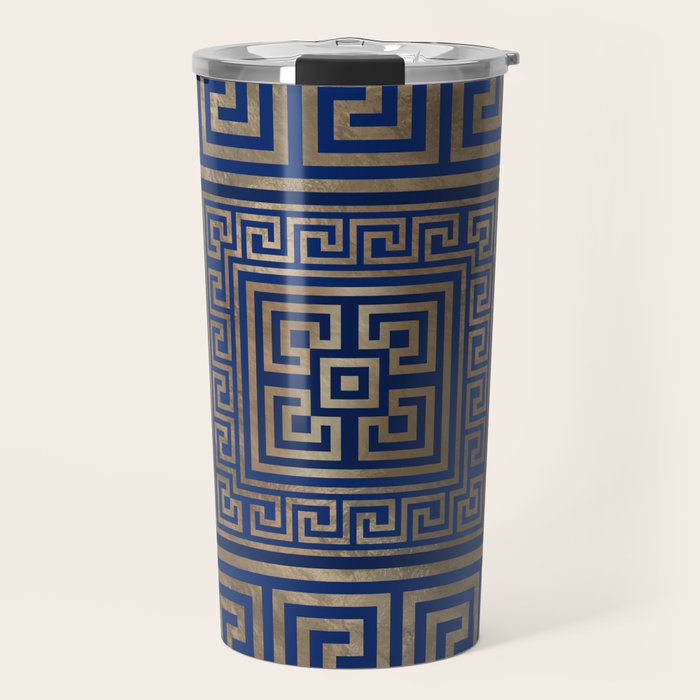 Greek Key Ornament - Greek Meander -gold on blue Travel Mug Gallery Image 1