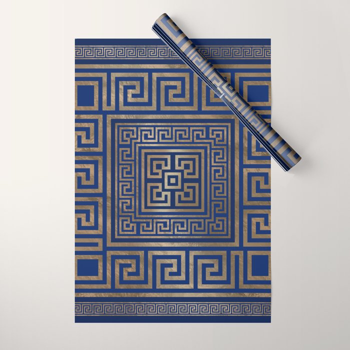 Greek Key Ornament - Greek Meander -gold on blue Wrapping Paper Gallery Image 1