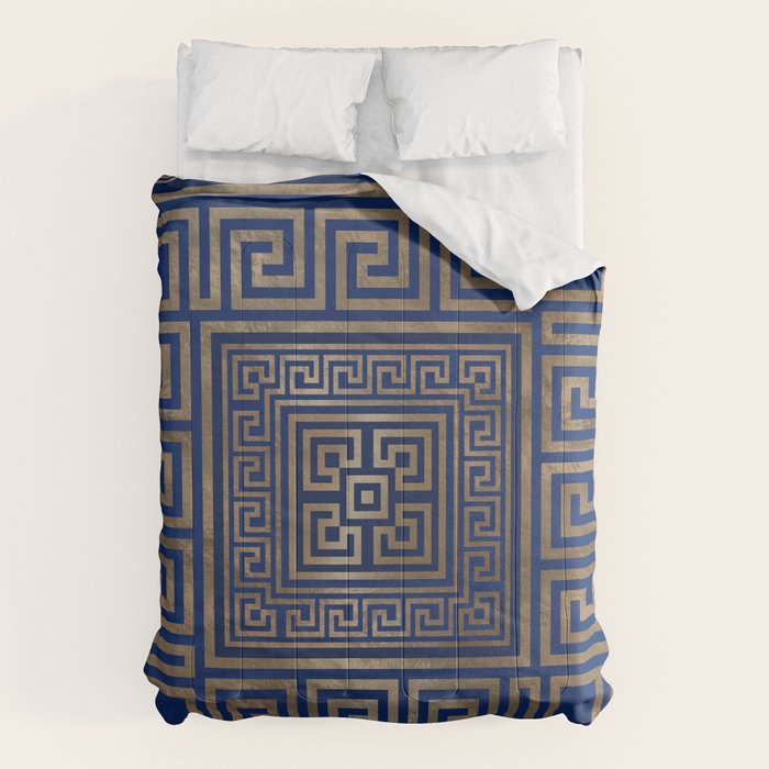 Greek Key Ornament - Greek Meander -gold on blue Comforter Gallery Image 1