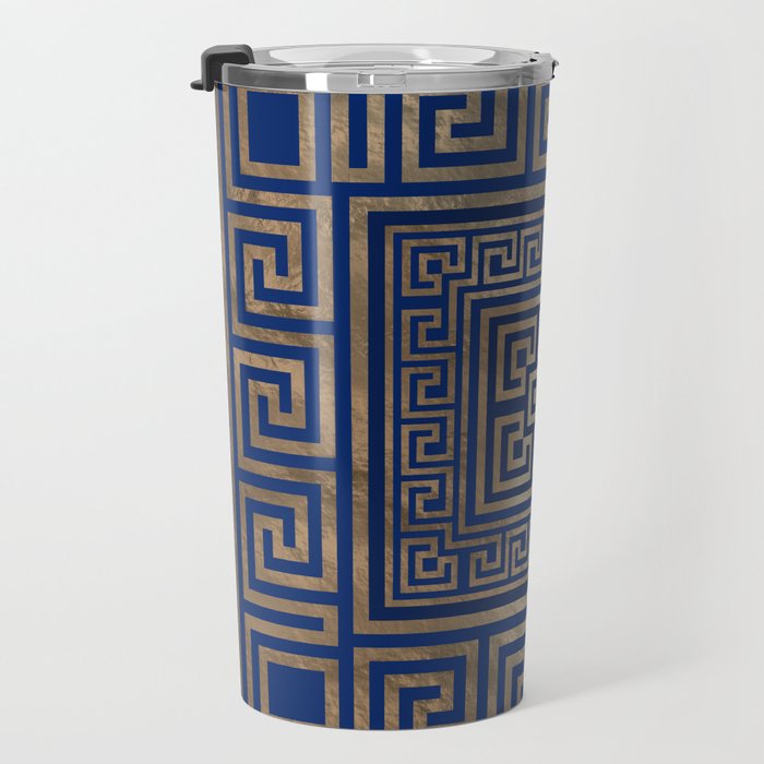 Greek Key Ornament - Greek Meander -gold on blue Travel Mug Gallery Image 3