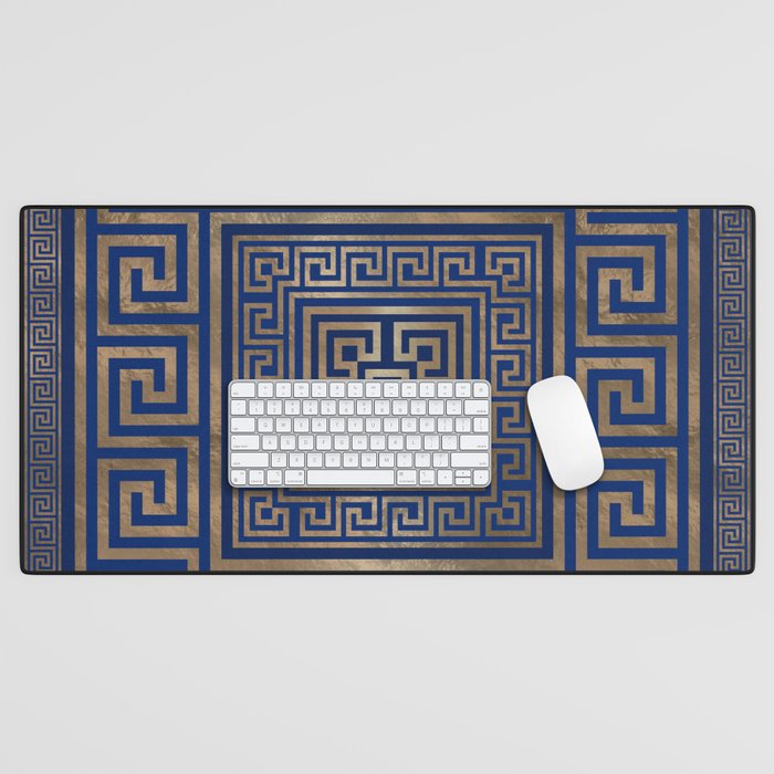 Greek Key Ornament - Greek Meander -gold on blue Desk Mat Gallery Image 1