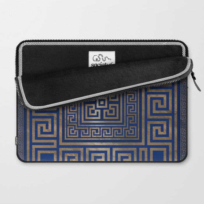 Greek Key Ornament - Greek Meander -gold on blue Laptop Sleeve Gallery Image 2