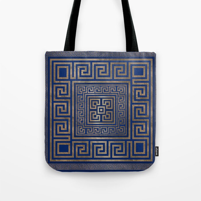Greek Key Ornament - Greek Meander -gold on blue Tote Bag Gallery Image 1