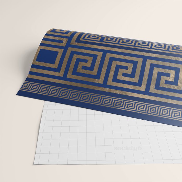 Greek Key Ornament - Greek Meander -gold on blue Wrapping Paper Gallery Image 2
