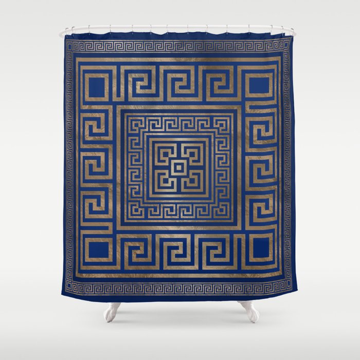 Greek Key Ornament - Greek Meander -gold on blue Shower Curtain Gallery Image 1