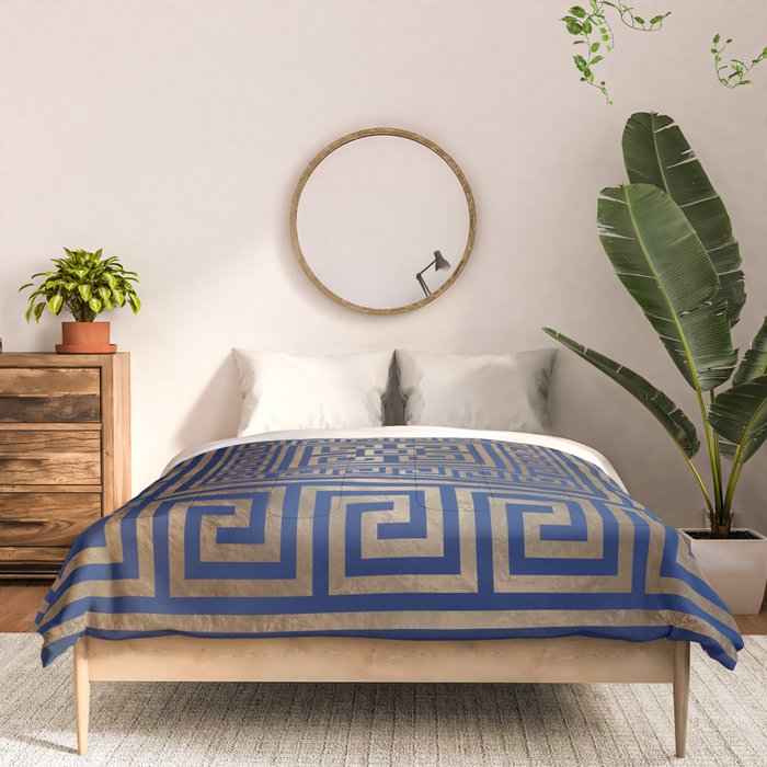 Greek Key Ornament - Greek Meander -gold on blue Comforter Gallery Image 3