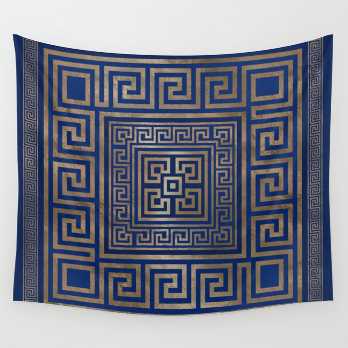 Greek Key Ornament - Greek Meander -gold on blue Wall Tapestry Gallery Image 1