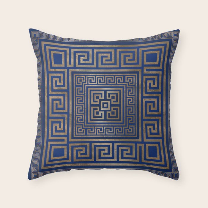 Greek Key Ornament - Greek Meander -gold on blue Throw Pillow Gallery Image 6